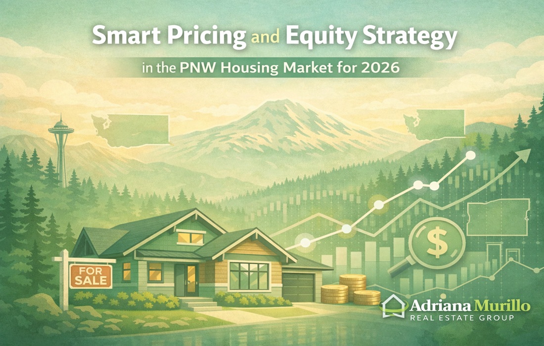 Illustrated Pacific Northwest landscape showing a craftsman home with a “For Sale” sign, evergreen trees, mountains, the Seattle skyline, and rising financial graphs, with the Adriana Murillo Real Estate Group logo in the lower right.